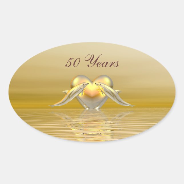 Golden Anniversary Dolphins and Heart Oval Sticker (Front)