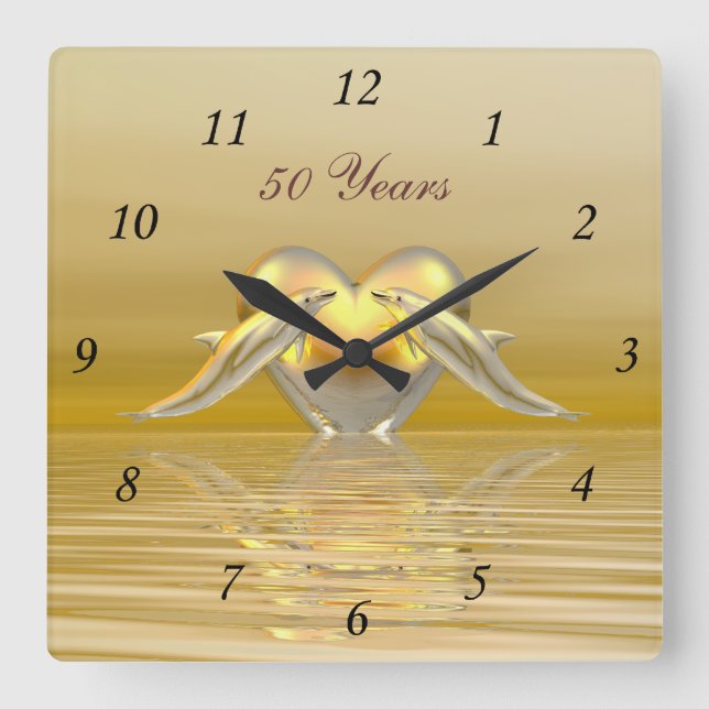 Golden Anniversary Dolphins and Heart Square Wall Clock (Front)
