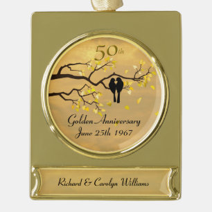 Golden Anniversary Love Birds Gold Plated Banner Ornament