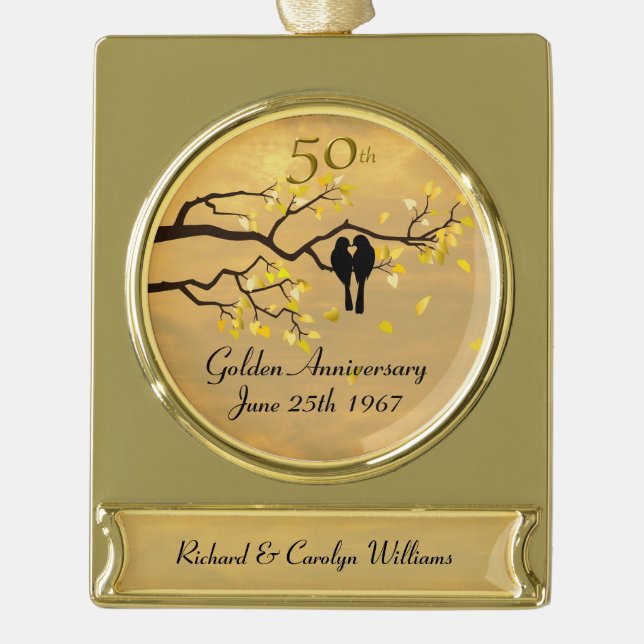 Golden Anniversary Love Birds Gold Plated Banner Ornament (Front)
