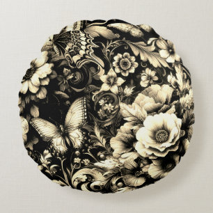  Golden Antique Floral with Butterflies  Round Cushion