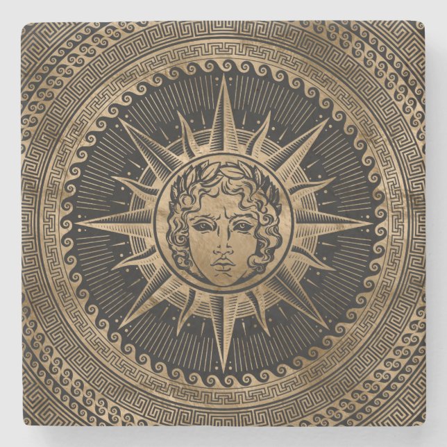 Golden Apollo Sun God on Greek Key Ornament Stone Coaster (Front)