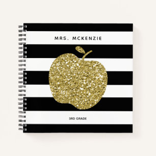 Golden Apple Teacher Spiral Notebook, Faux Glitter Notebook