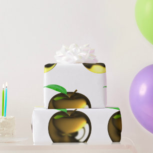 Golden Apple with Leaf Shiny Metallic Wrapping Paper