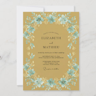 Golden Aqua Leafy Wedding Invitation