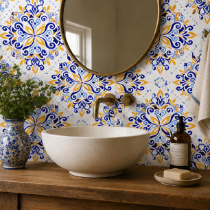 Golden Arabesque Elegant Blue Floral Mosaic Tile