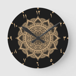 Golden Arabic Numbers Mandala Round Clock