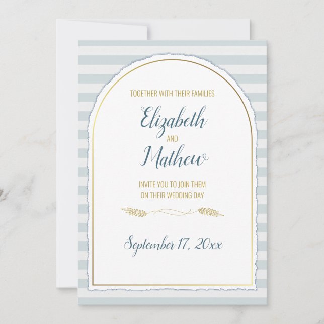 Golden Arch Boho Script Blue Nautical Stripe Invitation (Front)