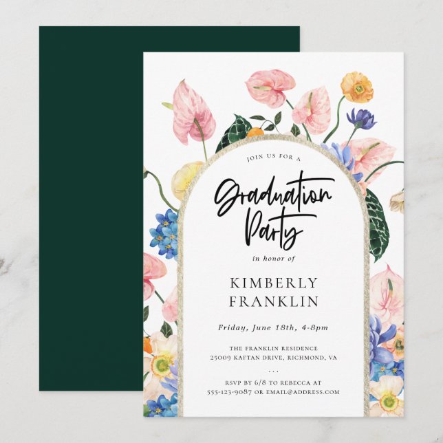 Golden Arch Summer Floral Graduation Party Invitat Invitation (Front/Back)
