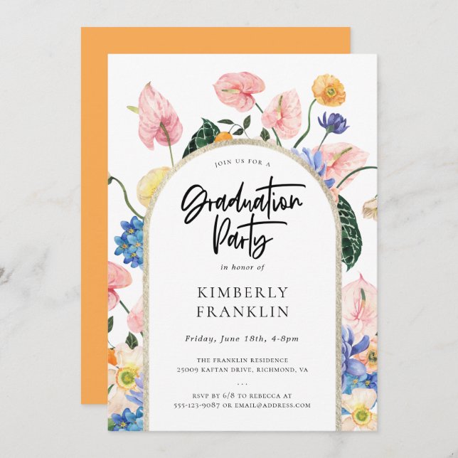 Golden Arch Summer Floral Graduation Party Invitat Invitation (Front/Back)
