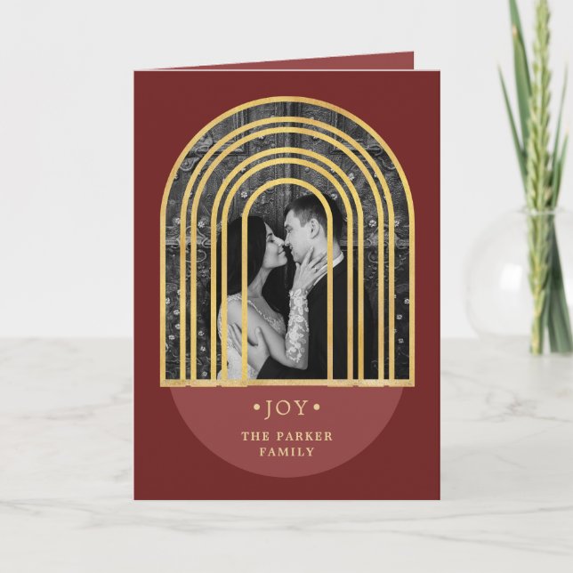 Golden Arch | Wine Red Christmas Photo Holiday Card (Front)