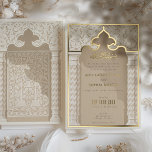 Golden Architectural Elegance Wedding Invitation<br><div class="desc">This invitation is a luxurious statement piece, perfect for couples seeking to blend traditional Islamic design with modern elegance. Its golden foil accents illuminate the intricate lace motif, creating a striking contrast against the taupe and beige background. The architectural elements echo the grandeur of a mosque’s entrance, with chevron-patterned columns...</div>