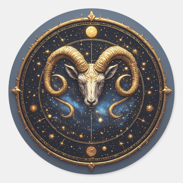 Golden Aries Zodiac Shield Classic Round Sticker (Front)