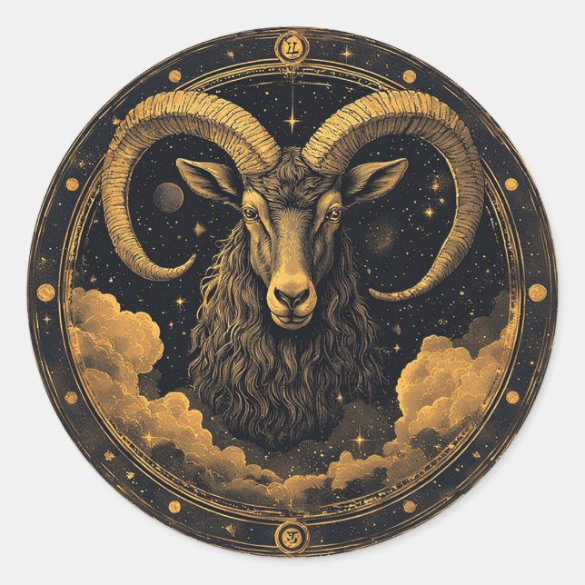 Golden Aries Zodiac Shield Classic Round Sticker (Front)