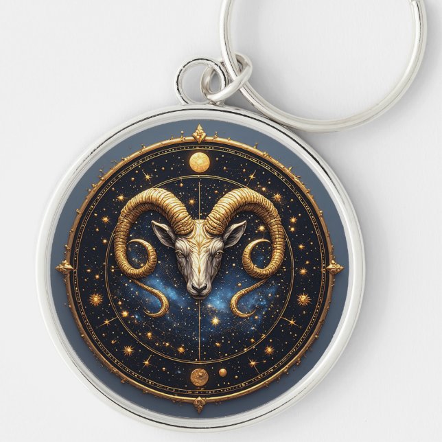 Golden Aries Zodiac Shield Key Ring (Front)
