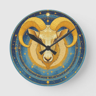 Golden Aries Zodiac Shield Round Clock
