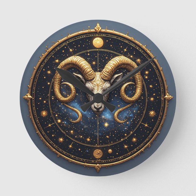 Golden Aries Zodiac Shield Round Clock (Front)