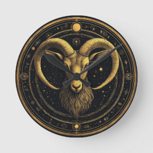 Golden Aries Zodiac Shield Round Clock