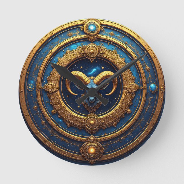 Golden Aries Zodiac Shield Round Clock (Front)