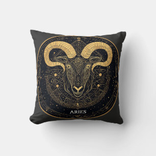 Golden Aries Zodiac Symbol With Ornaments Cushion