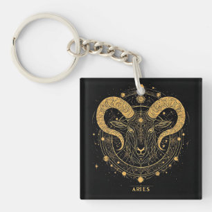 Golden Aries Zodiac Symbol With Ornaments Key Ring