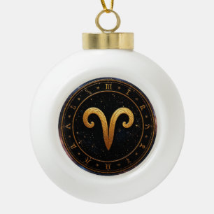 Golden Aries Zodiac Wheel Symbol Ceramic Ball Christmas Ornament
