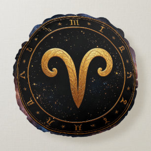 Golden Aries Zodiac Wheel Symbol Round Cushion