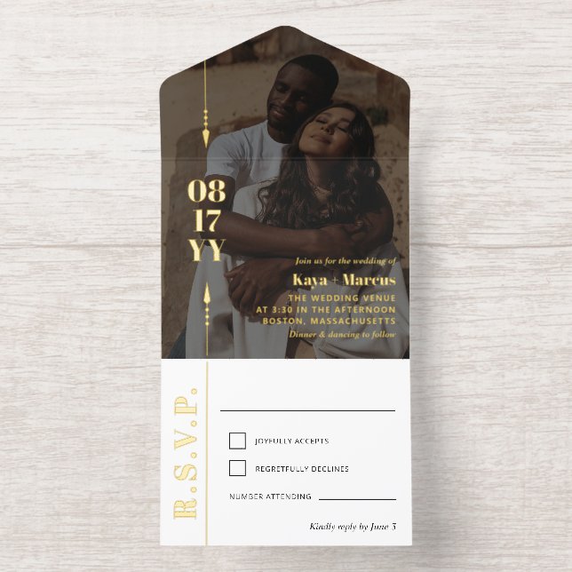Golden Arrows & Date Photo Informal Wedding All In One Invitation (Inside)