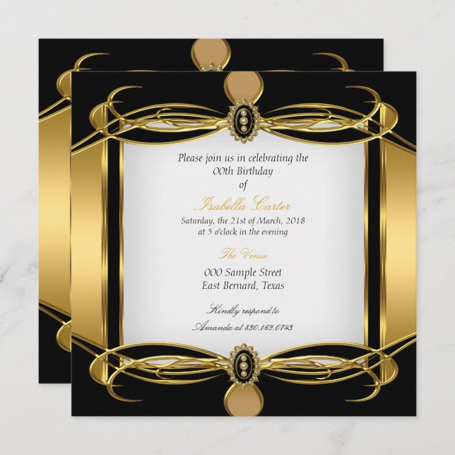 Golden Art Deco Black White Pearl Birthday Party Invitation (Front/Back)