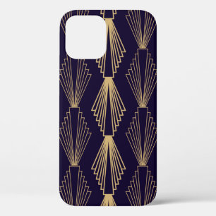 Golden art Deco Pattern. Seamless dark blue backgr iPhone 12 Case