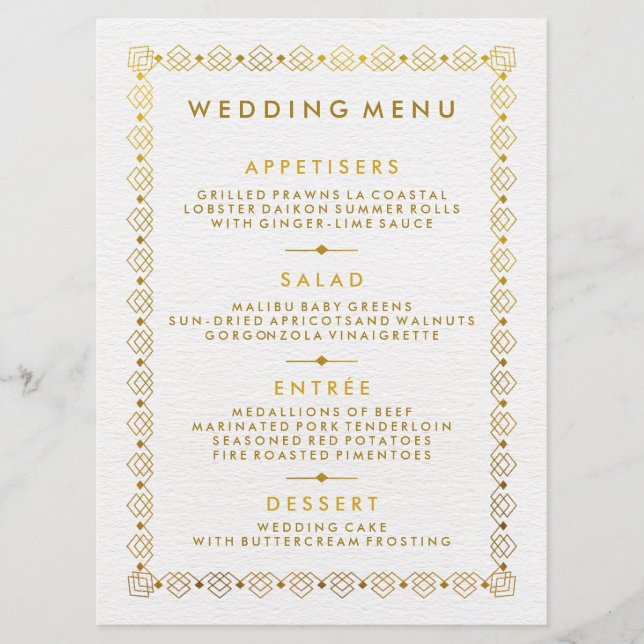 Golden Art Deco Wedding Menu Card (Front)