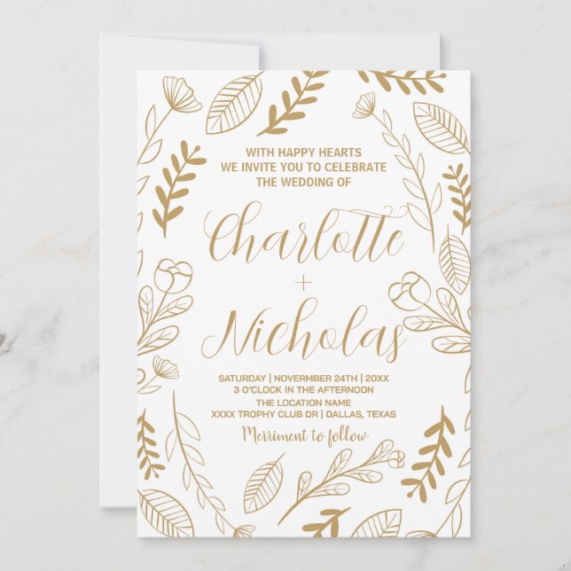 Golden Art White Wedding Invitations (Front)