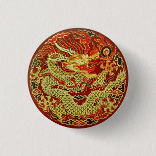 Golden asian dragon embroidered on dark red 3 cm round badge
