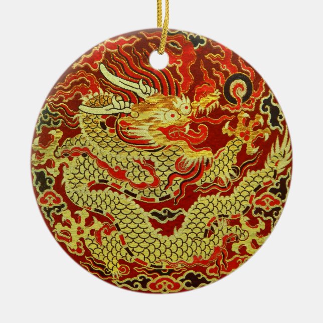 Golden asian dragon embroidered on dark red ceramic tree decoration (Front)