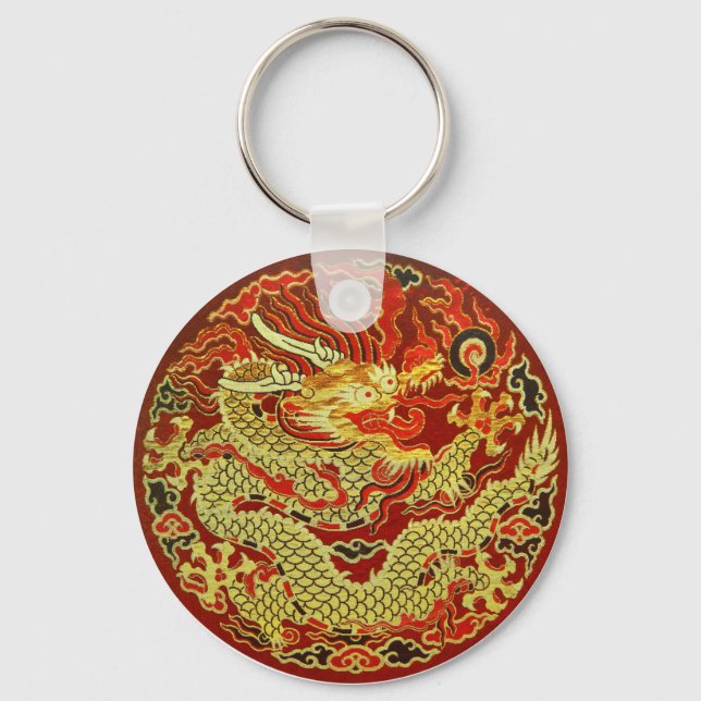 Golden asian dragon embroidered on dark red key ring (Front)