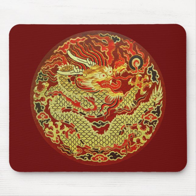 Golden asian dragon embroidered on dark red mouse mat (Front)