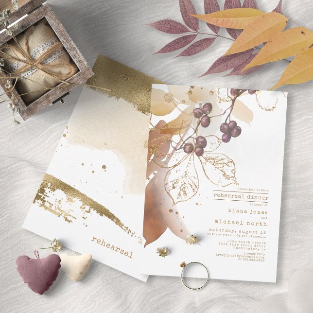 Golden Autumn Berry Wedding Rehearsal Dinner ID655 Invitation (Front/Back In Situ)