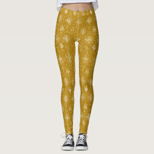 Golden Autumn Christmas Snowflake Pattern Leggings