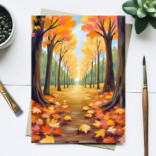 Golden Autumn Forest Path Warm Watercolor Foliage Postcard