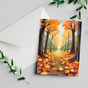 Golden Autumn Forest Path Watercolor Foliage Card