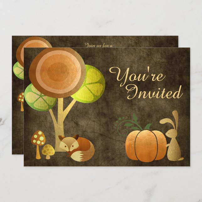 Golden Autumn Fox and Bunny Baby Shower Invitation (Front/Back)
