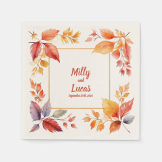 Golden Autumn Frame: Personalized Wedding Napkins