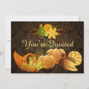 Golden Autumn Harvest Damask Birthday Invitation