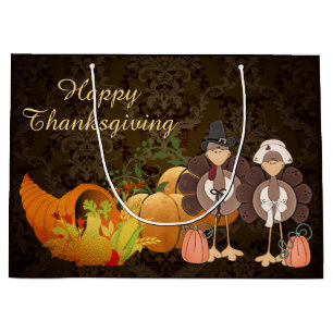 Golden Autumn Harvest Damask Happy Thanksgiving Large Gift Bag
