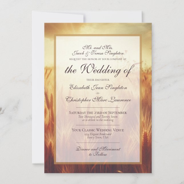 Golden Autumn Harvest Grasses Formal Wedding Invitation (Front)