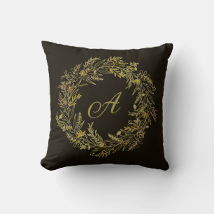 Golden Autumn Leaf Frame Botanical Monogram Cushion