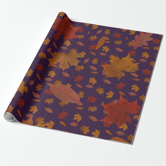 Golden Autumn Leaves on Blue Custom Colour Wrapping Paper (Unrolled)