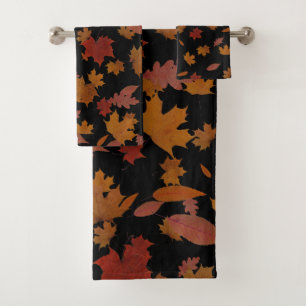 Golden Autumn Leaves on Custom Colour Black Bath Towel Set