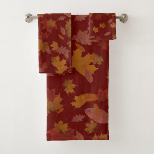 Golden Autumn Leaves on Custom Colour Wine Red Bath Towel Set