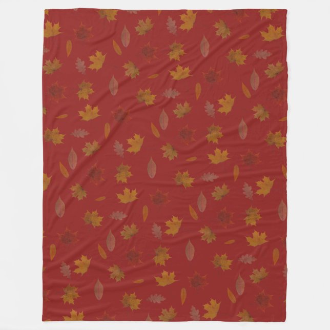 Golden Autumn Leaves on Red Custom Colour Fleece Blanket (Front)